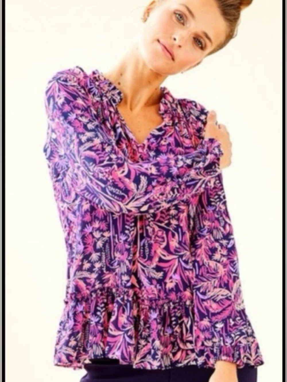 Lilly Pulitzer Savanna long-sleeve Floral Ruffle Blouse Top XS